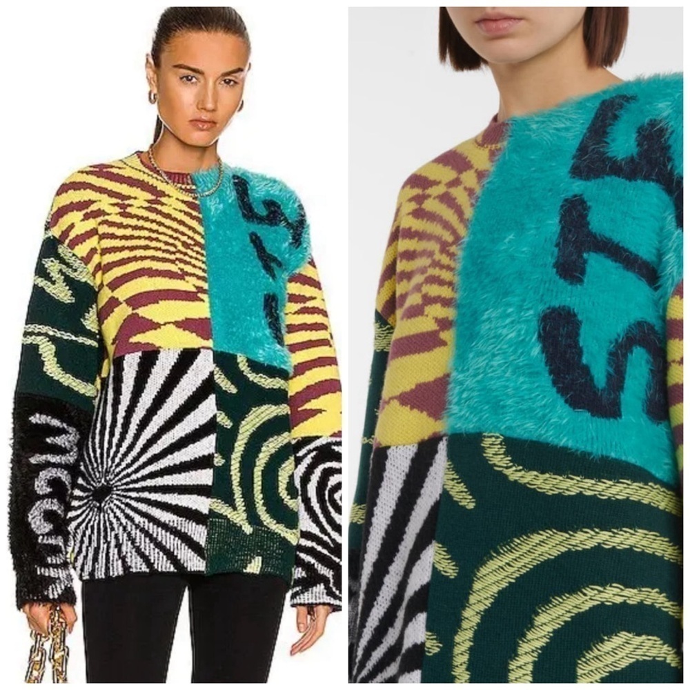 Stella McCartney x Ed Curtis Fuzzy Mixed Print Color Block Crew Neck Sweater XS